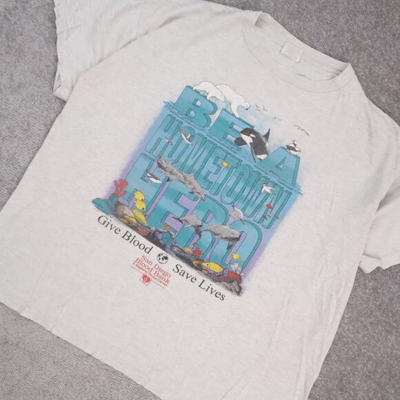 VTG 90s Ocean Whales Orcas Give Blood XL Gray Short Sleeve T-Shirt - Picture 6 of 9